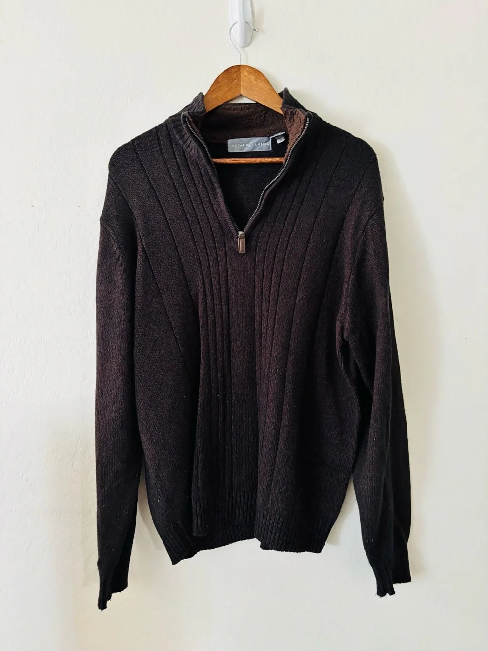 Oscar de la Renta Brown Quarter Zip‎ Sweater Men’s Ribbed Knit Pullover Cozy XL